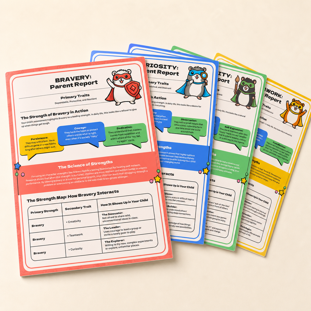 The Herotype Parent Report — four colorful eight-page reports covering Bravery, Curiosity, Creativity, and Teamwork strengths for children